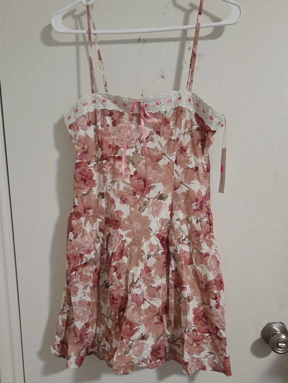 Altar'd State Pink and Cream Floral Mini Dress with Lace Trim